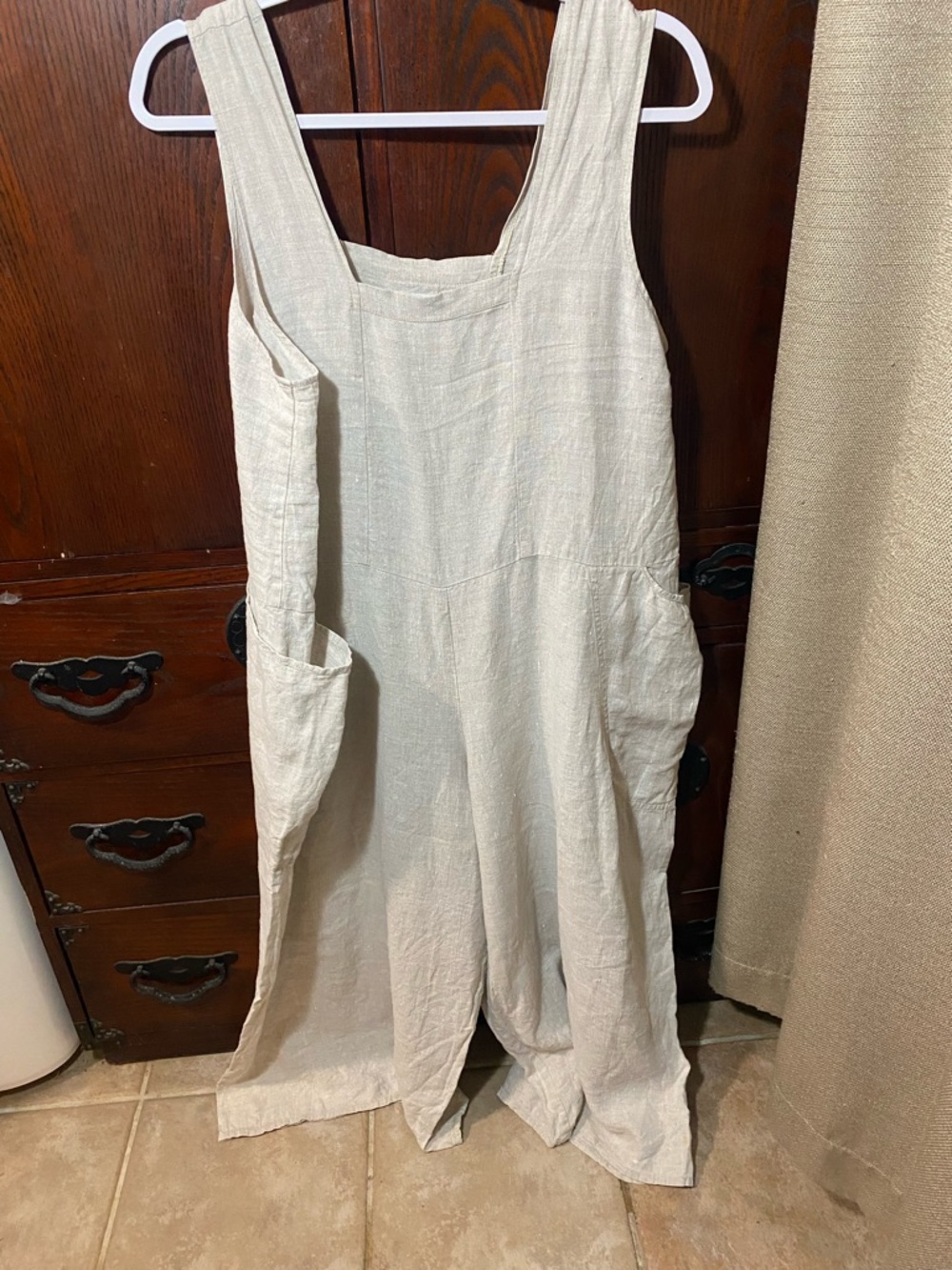 FLAX Linen Lagonlook Wide-Leg Jumpsuit in Natural Cream. Oversized pockets